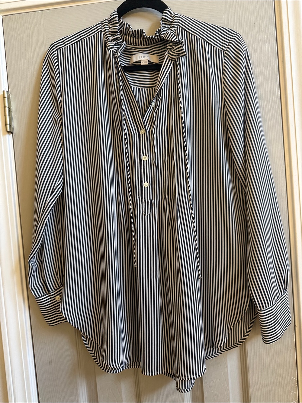 LOFT Black and White Vertical Stripe Ruffle-Neck Tunic